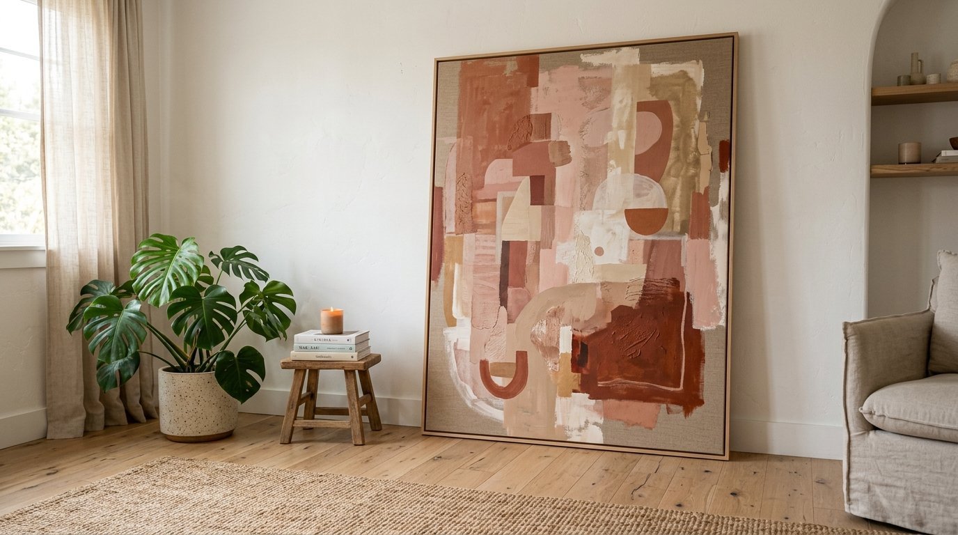 A framed abstract painting with terracotta and beige shapes leaning against a white wall next to a potted plant.