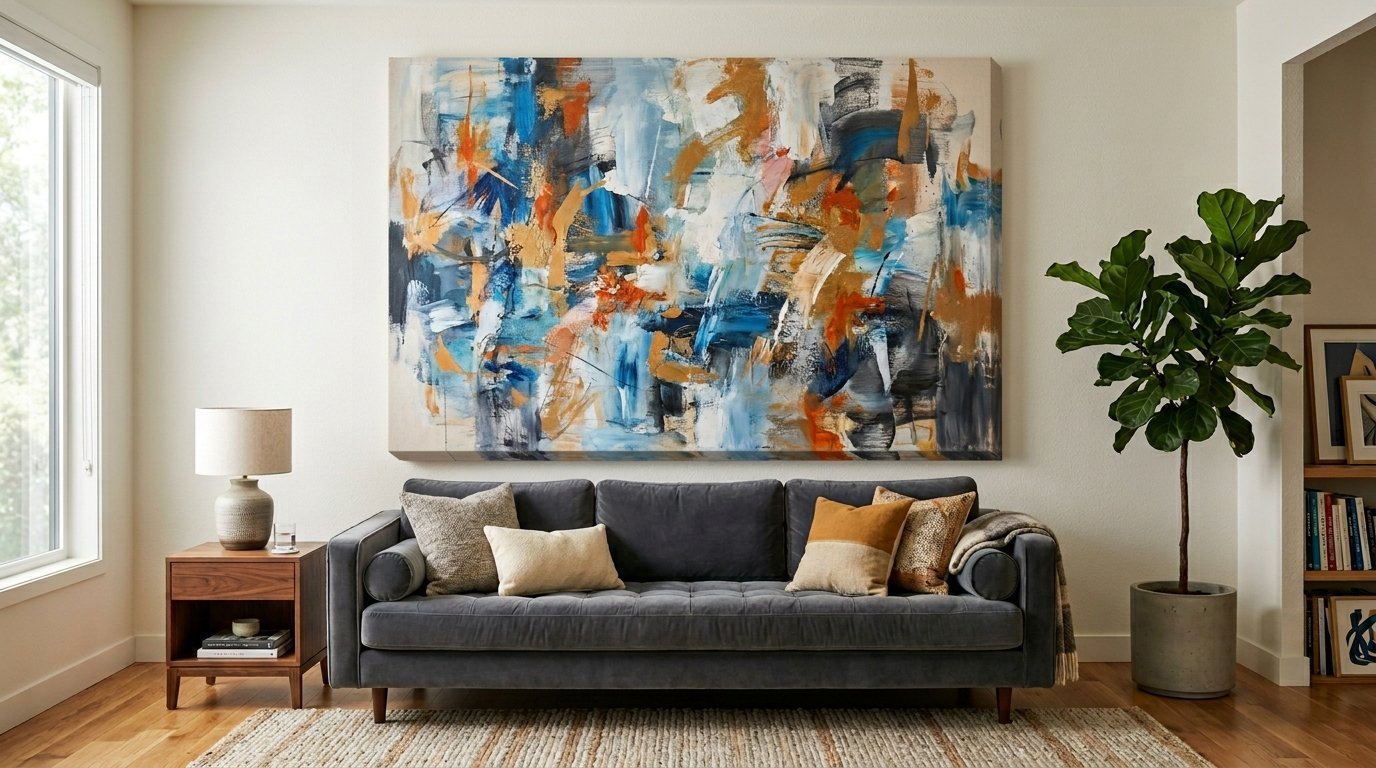 A grey couch sits under a bright, textured abstract art piece with blue, orange, and gold brushstrokes on canvas.