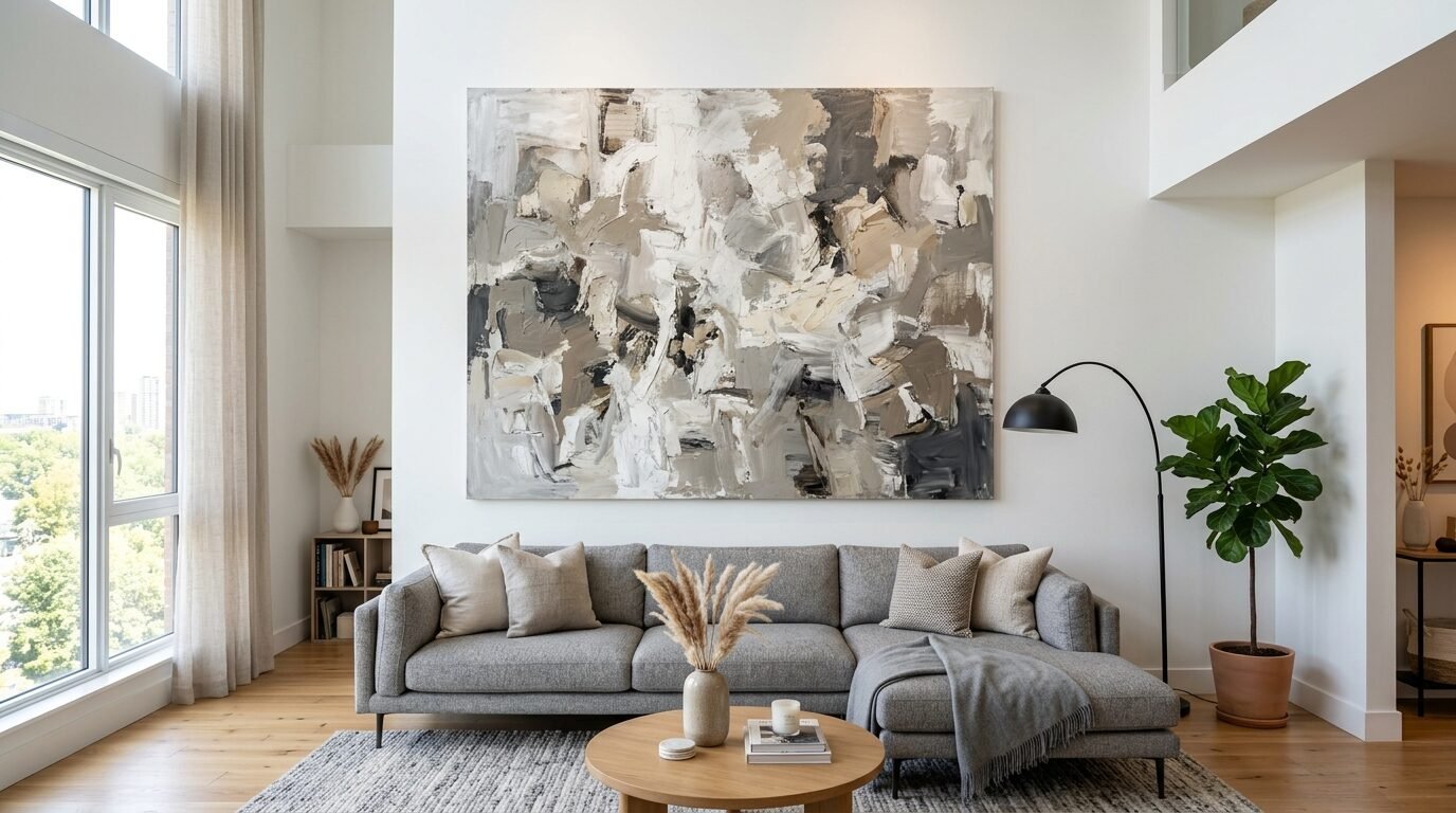 Modern grey sectional sofa beneath a large beige and charcoal abstract painting in a bright, high-ceilinged room.