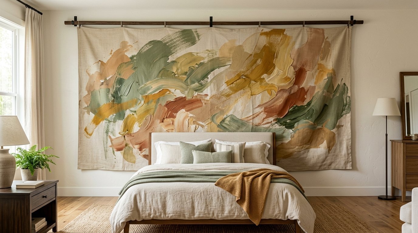 Large canvas wall hanging with earthy brushstrokes of olive, gold, and terracotta above a beige bed.