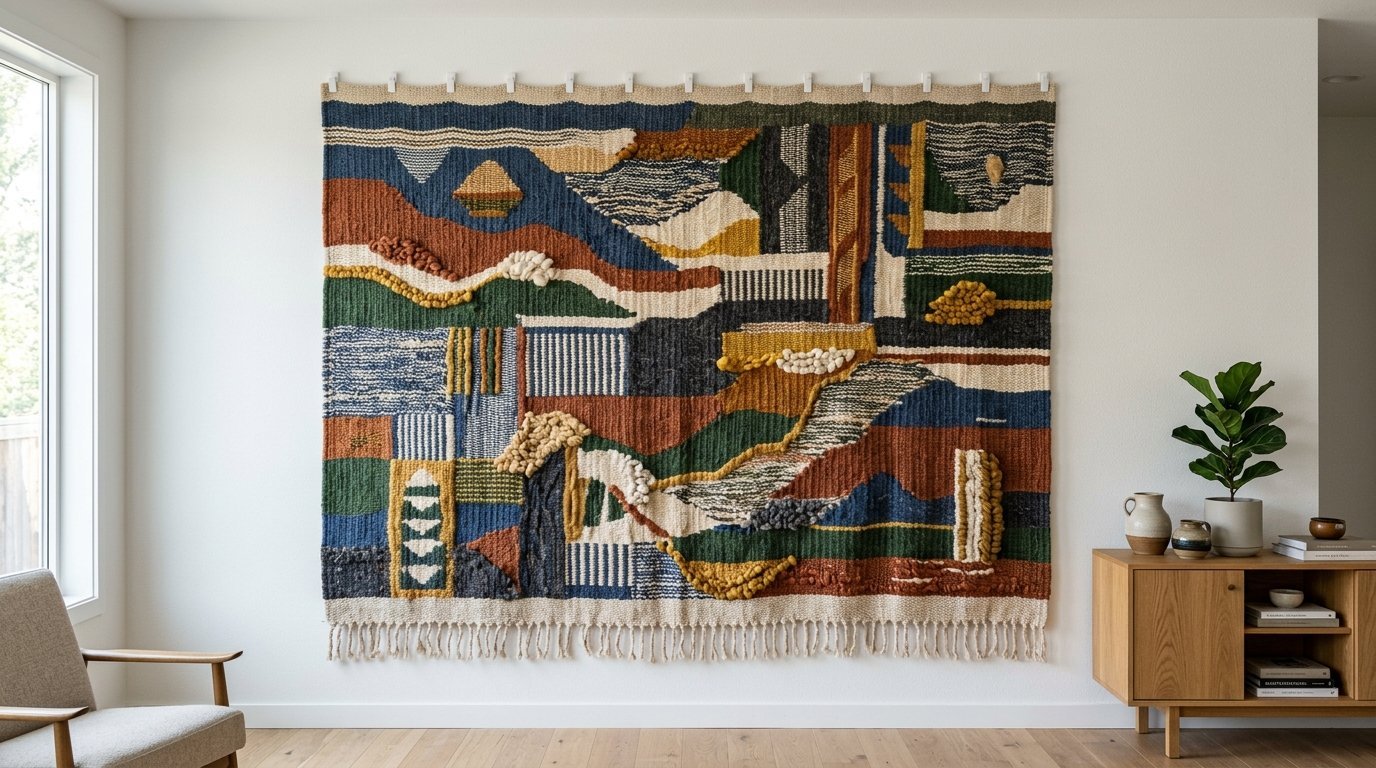 Colorful landscape-inspired wall hanging with tassels displayed above a wooden cabinet and chair.