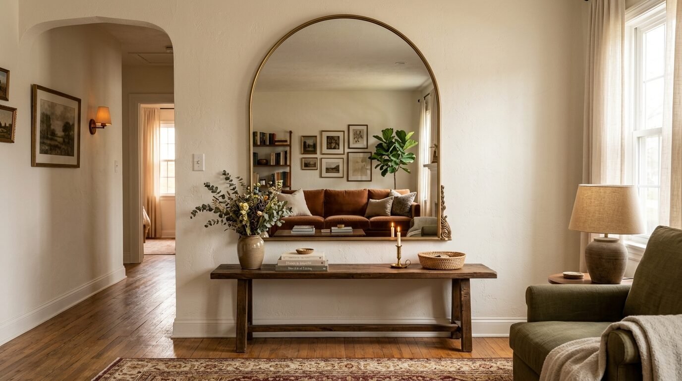 Wooden console table sits below a tall arched gold mirror reflecting a velvet sofa and gallery wall.