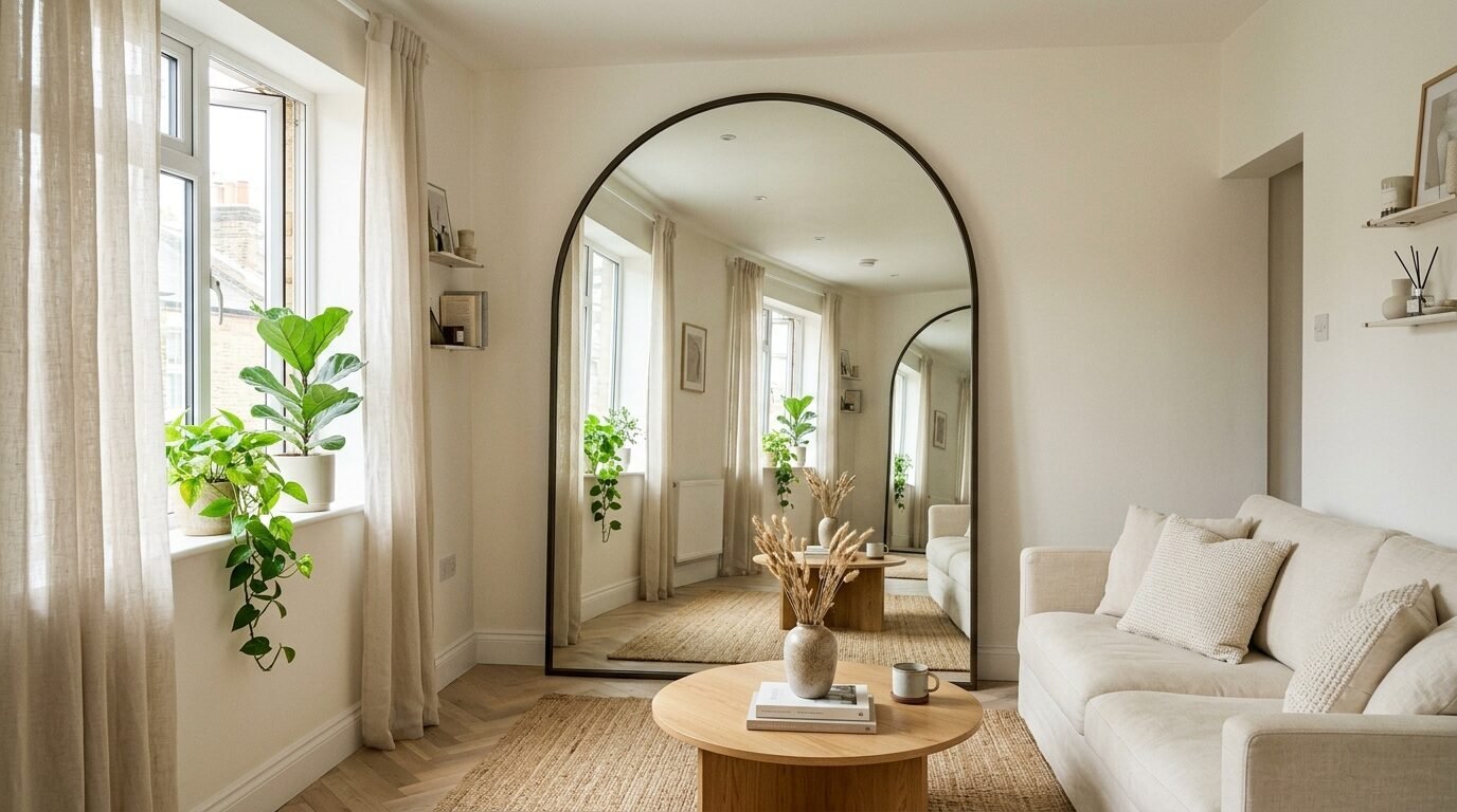 An oversized black arched mirror stands against a white wall next to a beige sofa and a round wooden coffee table.