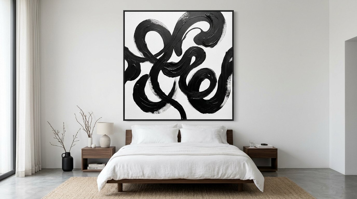 Modern bedroom with a wooden bed frame, white linens, and bold black abstract artwork on the wall.