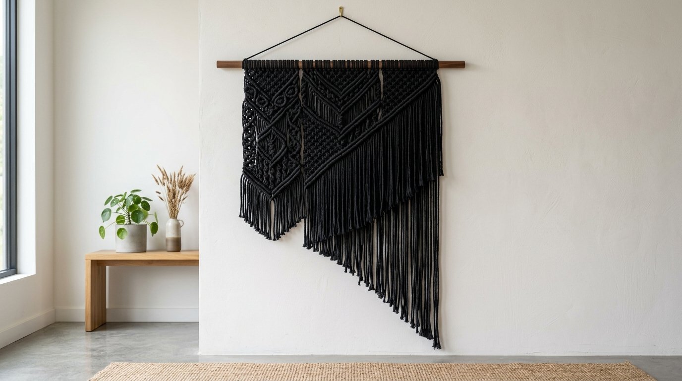 A large hand-knotted black macrame tapestry featuring geometric patterns and long fringe hanging in a minimalist room.