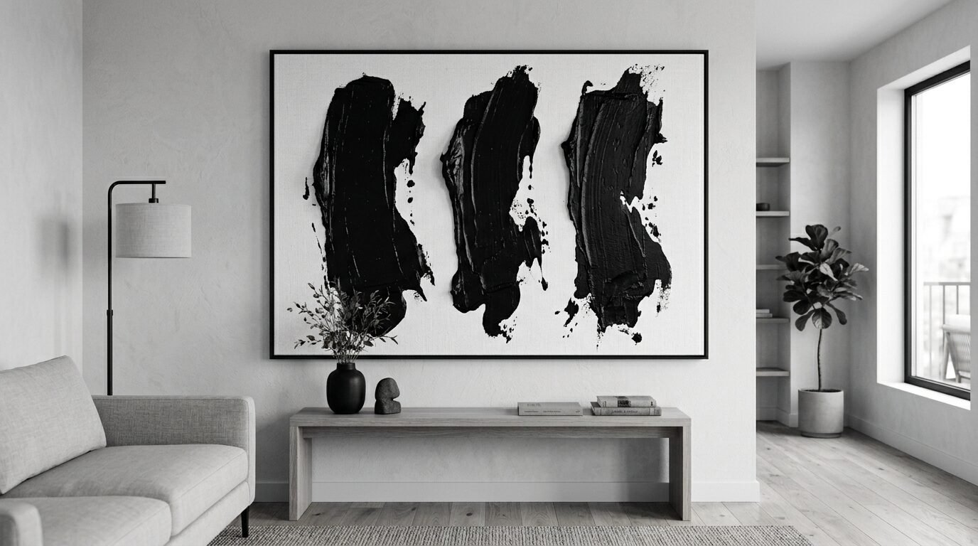 Modern interior with a bold black brushstroke painting mounted above a wooden console table and sofa.