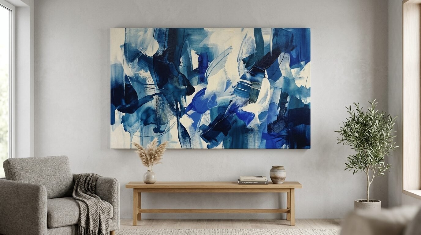 A large, rectangular blue and white abstract art piece hanging above a wooden bench in a minimalist living room.