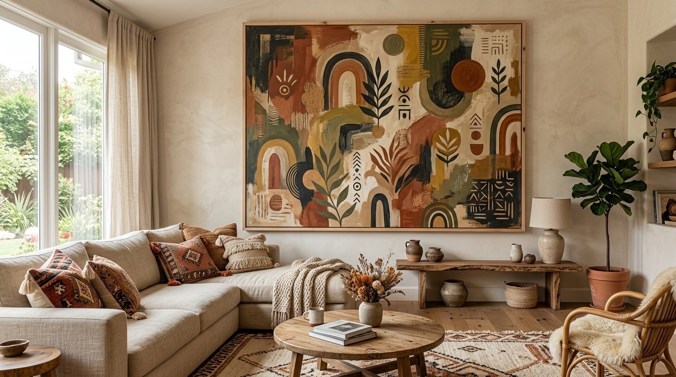 A beige sectional sofa sits before a wall-mounted abstract painting with rainbow motifs and organic leaf shapes.