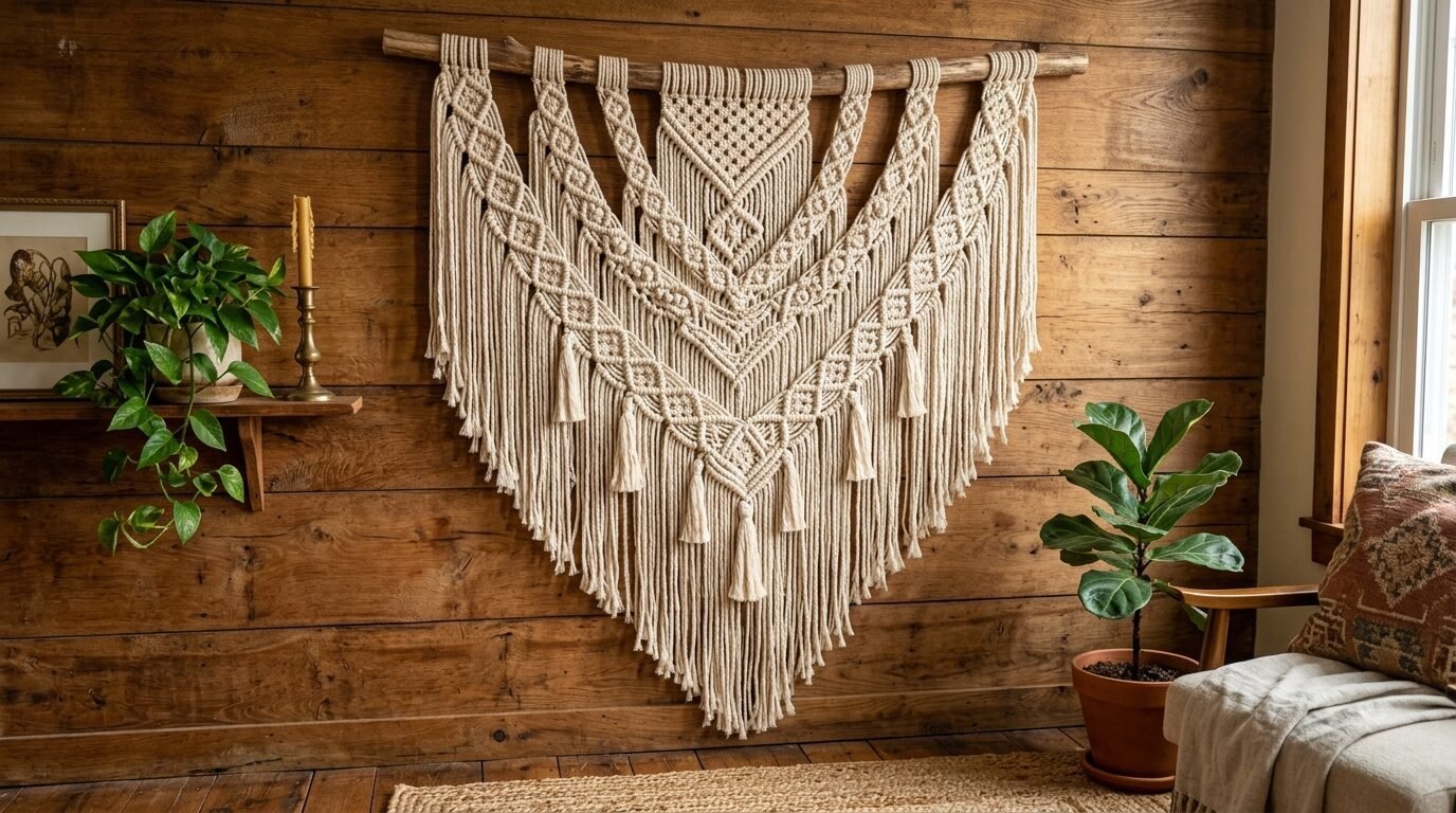 Large macrame tapestry hanging from a driftwood branch above a room with plants and a comfy chair.