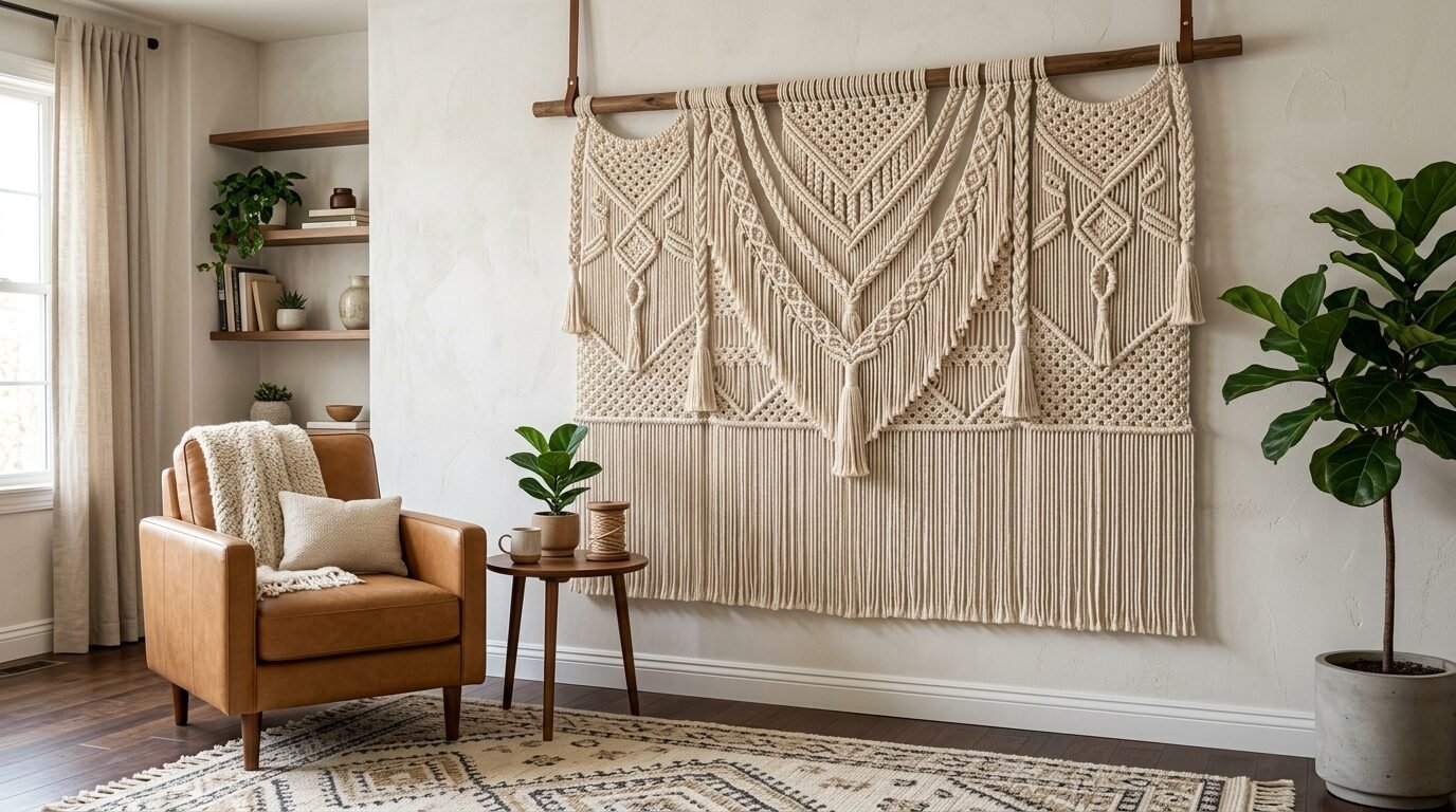 A massive, detailed fiber art tapestry hanging on a white wall behind a leather armchair and a wooden side table.