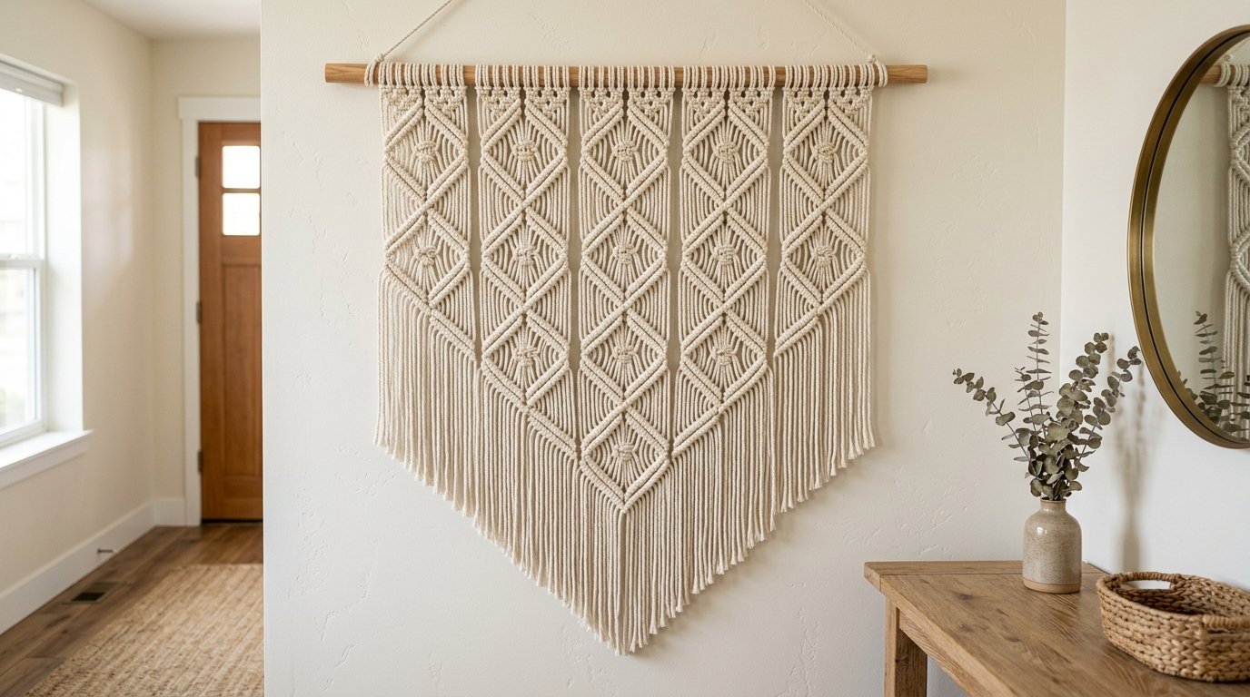 A decorative woven fiber wall hanging with diamond patterns and long fringe suspended on a wooden dowel.