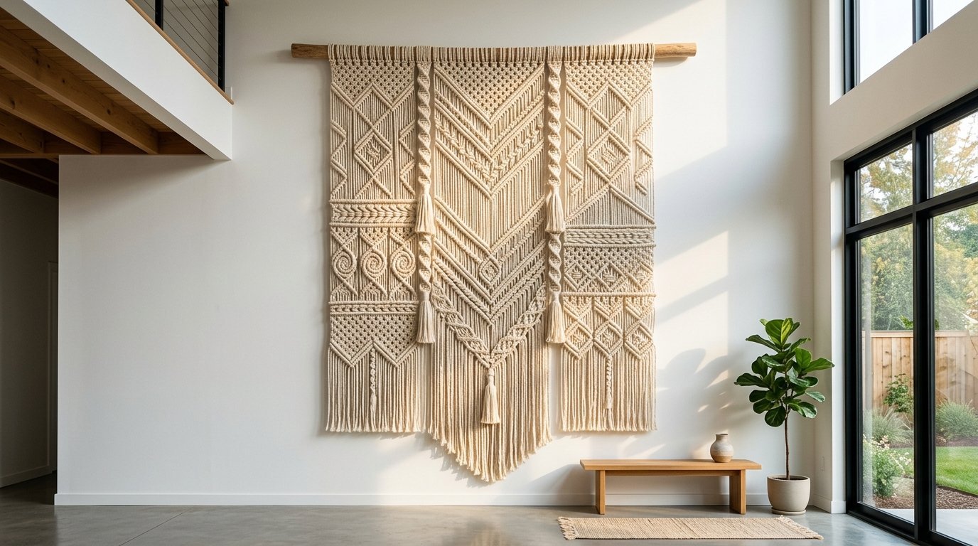 A massive cream-colored macrame tapestry with complex knotted patterns hangs above a minimalist wooden bench.