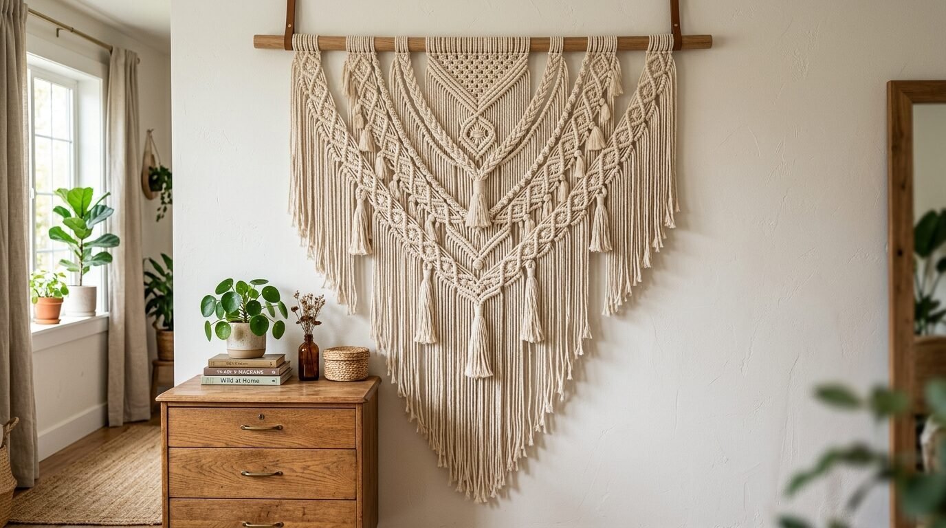 A decorative knotted fiber wall hanging with tassels displayed on a white wall above a bedroom chest of drawers.