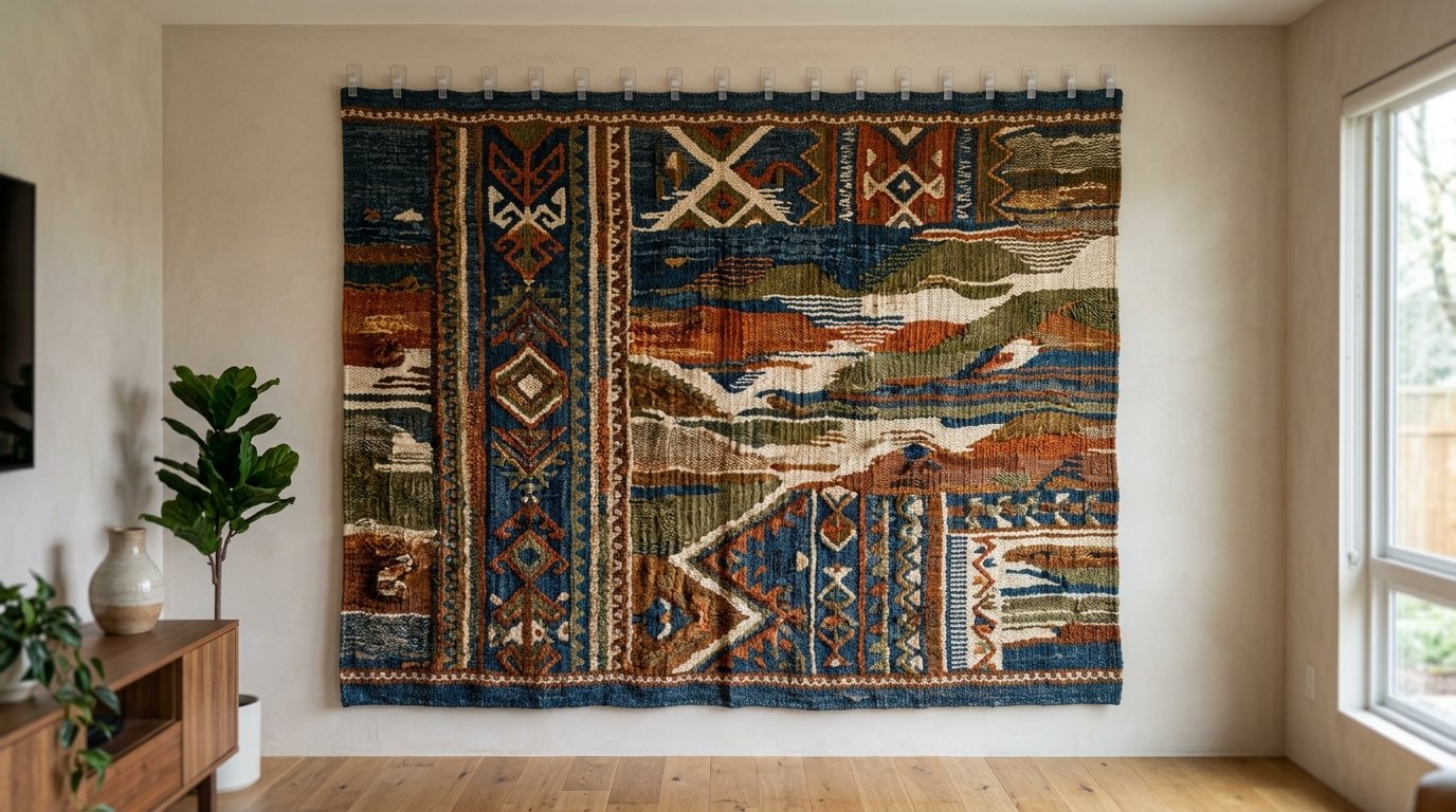 A colorful hand-woven wall hanging with geometric symbols and landscape motifs displayed on a neutral interior wall.