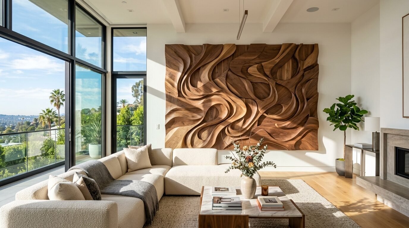 A beige sectional sofa sits before an oversized, abstract carved walnut wood relief sculpture on a white wall.