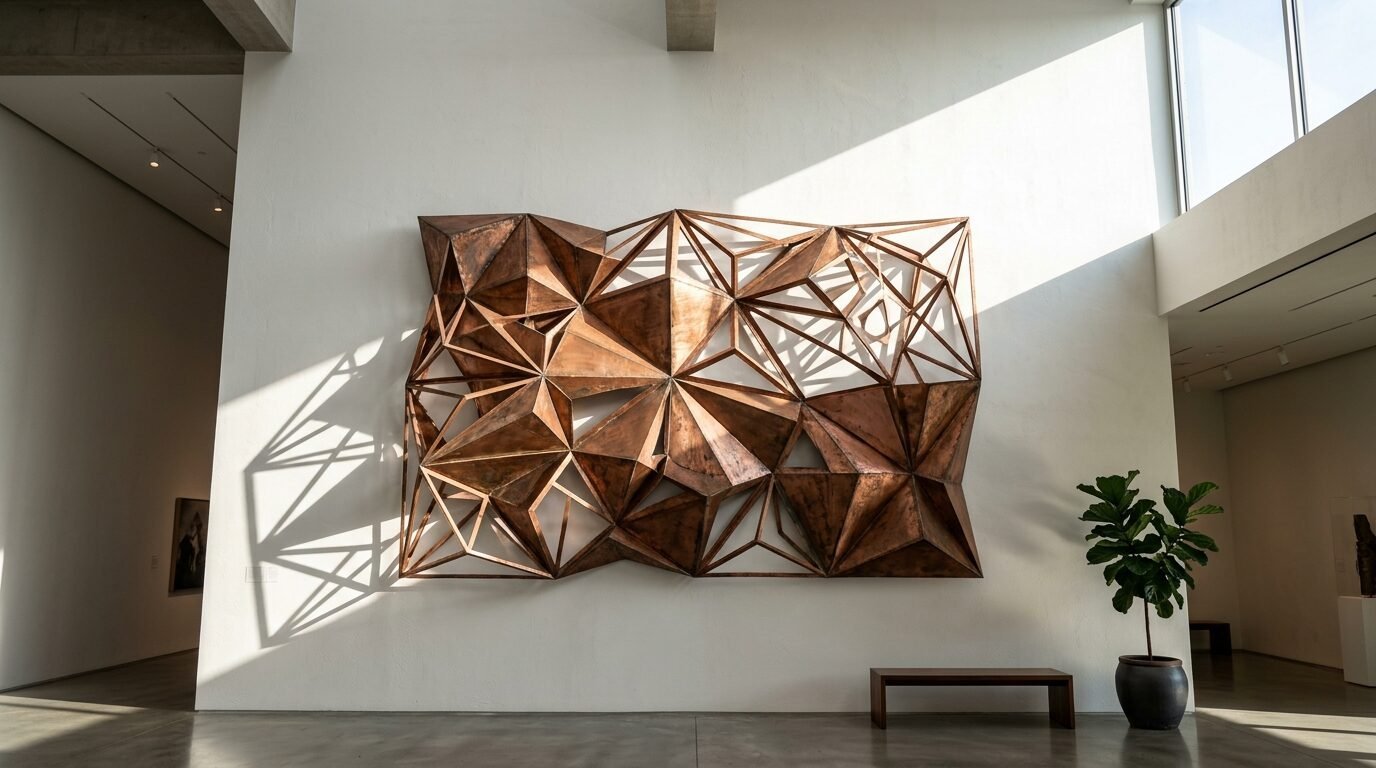 A large, angular copper-toned metal sculpture hanging on a white wall in a sunlit art gallery.
