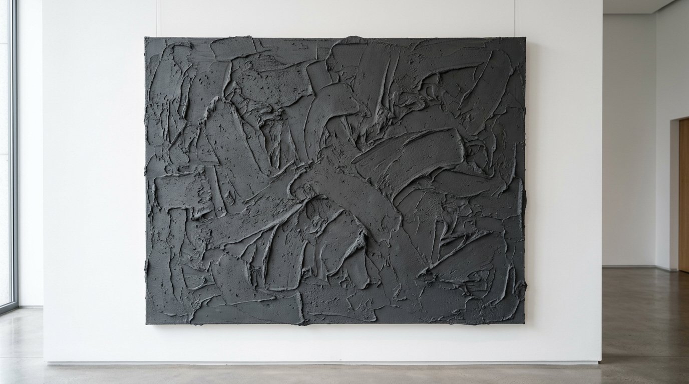 A dark abstract painting with thick, rough palette knife strokes hung on a clean white gallery wall.