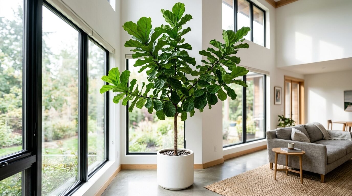 A large potted fiddle leaf fig plant centered between floor-to-ceiling windows in a modern home.