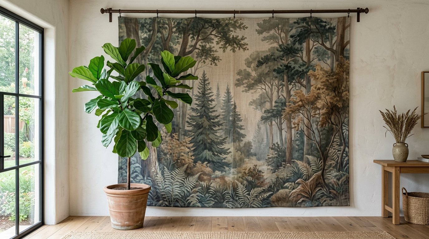 Large forest landscape tapestry hanging on a white wall next to a potted fiddle leaf fig tree.