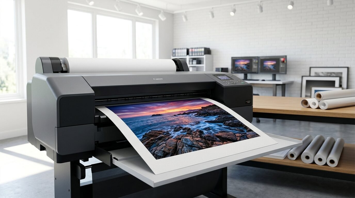 A black wide format printer in an office printing a high-resolution sunset ocean photograph.