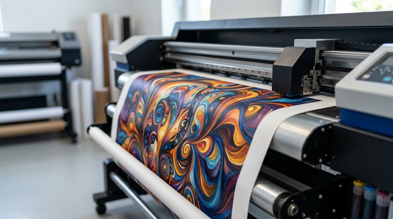 Large industrial printer head moving over a colorful abstract canvas design in a print studio.