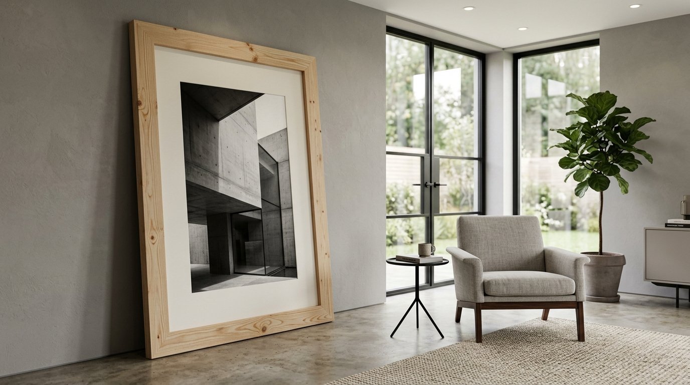 A large framed print of brutalist architecture resting on a concrete floor next to a beige armchair and houseplant.