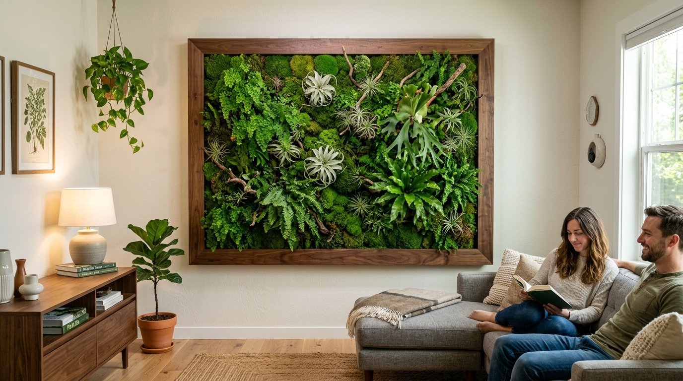 Man and woman reading on a grey sectional sofa in front of a rectangular wooden framed living moss wall.