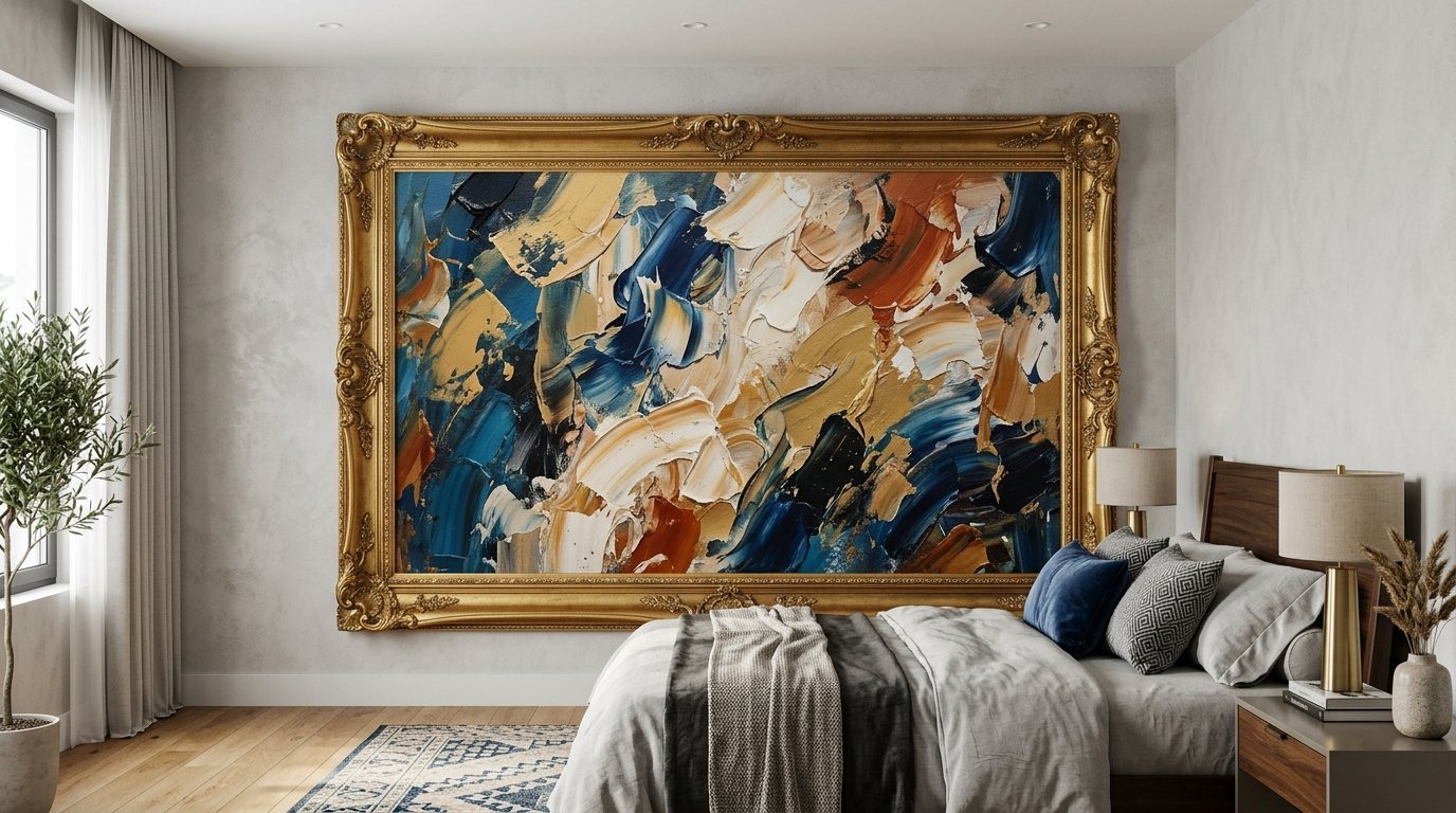 Textured blue and gold abstract artwork displayed above a modern bed in a neutral bedroom.