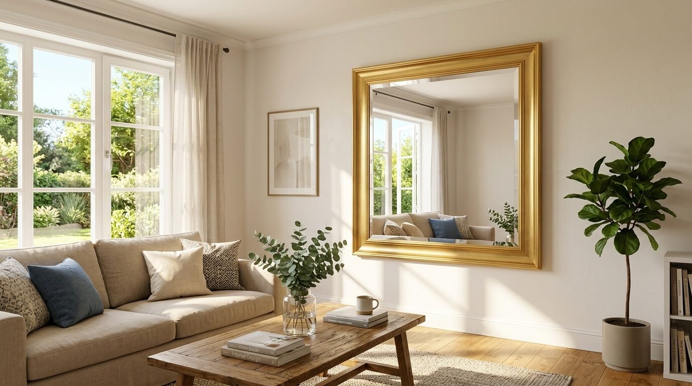 A rectangular mirror with a thick gold frame hanging on a wall above a rustic wooden coffee table.