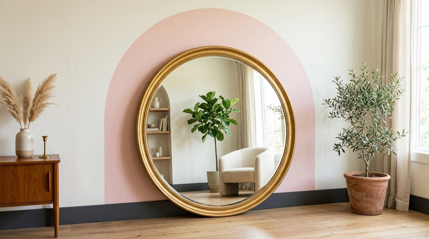 A decorative circular gold mirror sits on the floor against a wall with a large pink painted arch.
