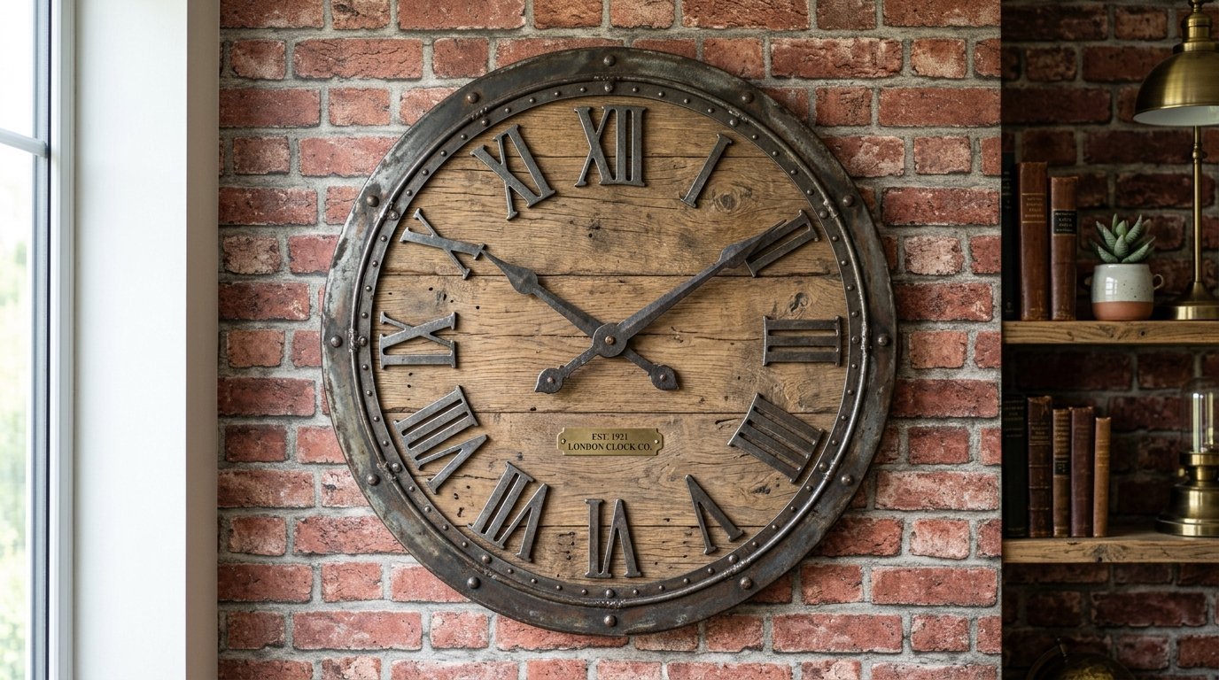 A large round wooden wall clock with a metal frame hanging on a red brick interior wall.
