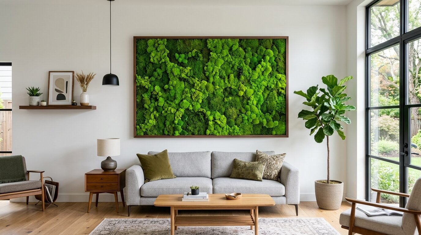 Bright green preserved moss wall hanging mounted in a walnut frame above a modern light grey couch.