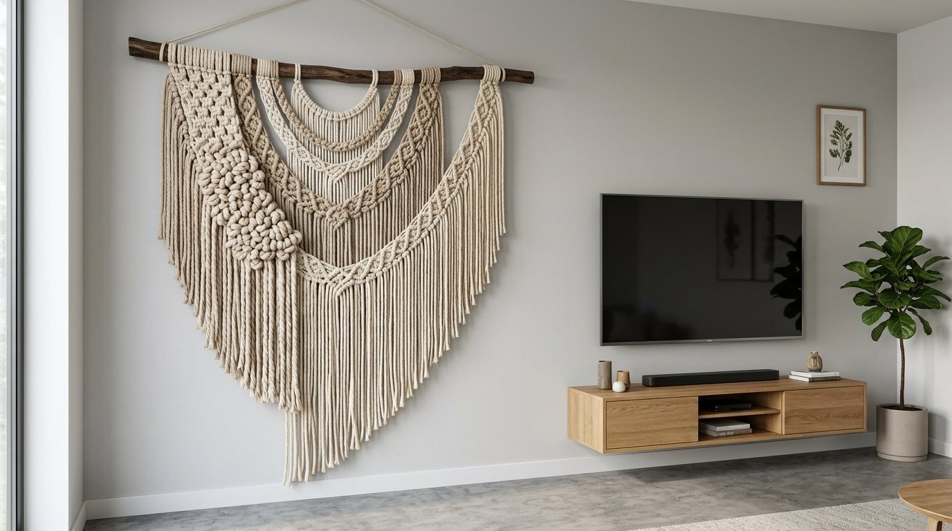 Intricate beige macrame wall art hanging above a modern wooden entertainment console with a television.