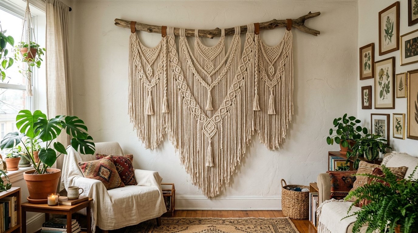 Intricate cream-colored macrame hanging from a long driftwood branch on a white wall in a plant-filled room.