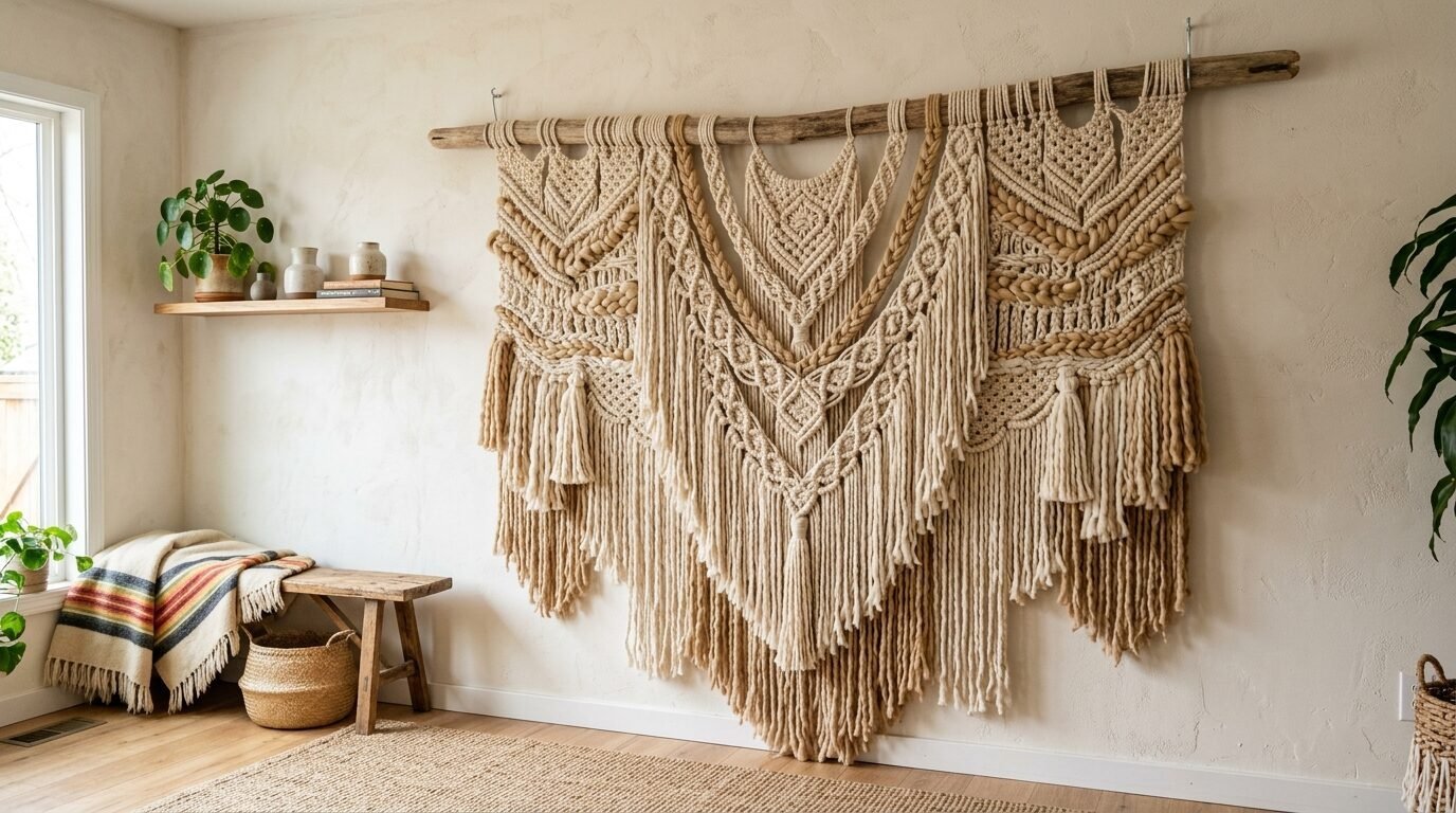 Intricate beige macrame tapestry with tassels suspended from a long piece of driftwood on a white wall.