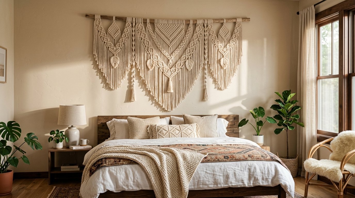 Large woven fiber art hanging above a bed with neutral bedding and lush indoor plants.