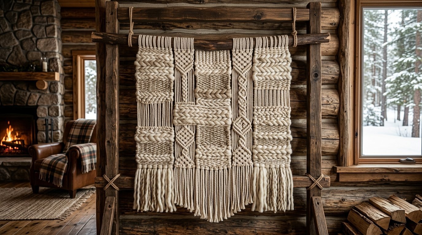 Detailed handmade fiber art wall hanging with braided texture and tassels, hanging in a rustic log cabin interior.