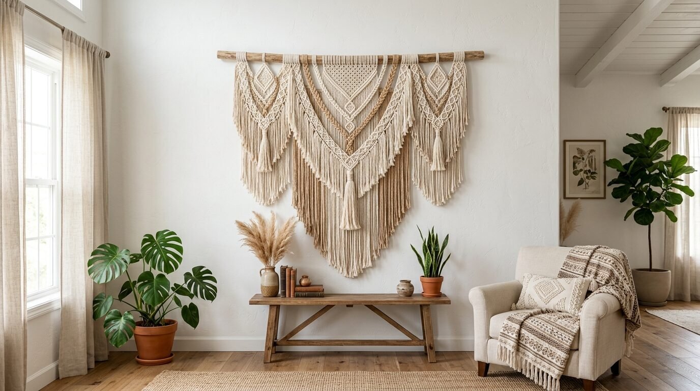 Large layered macrame wall art hanging above a rustic wood bench in a bright, boho-style living space.
