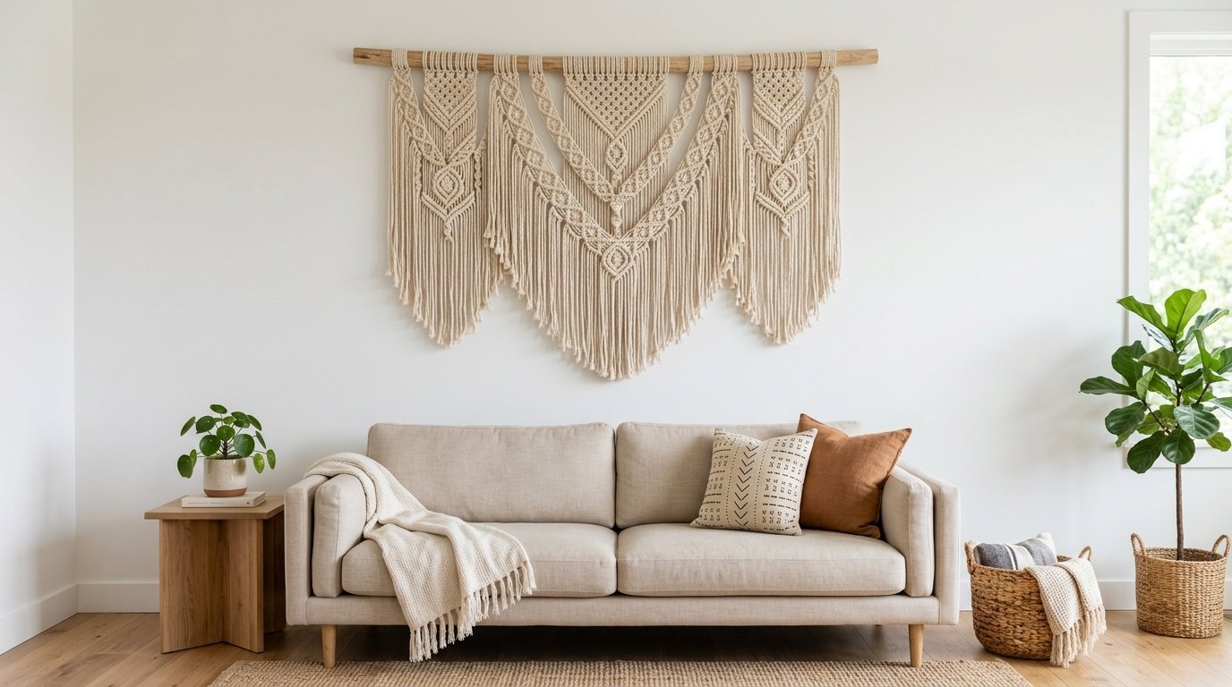 A beige couch sits below a large, intricate knotted fiber art piece hanging on a plain white wall.