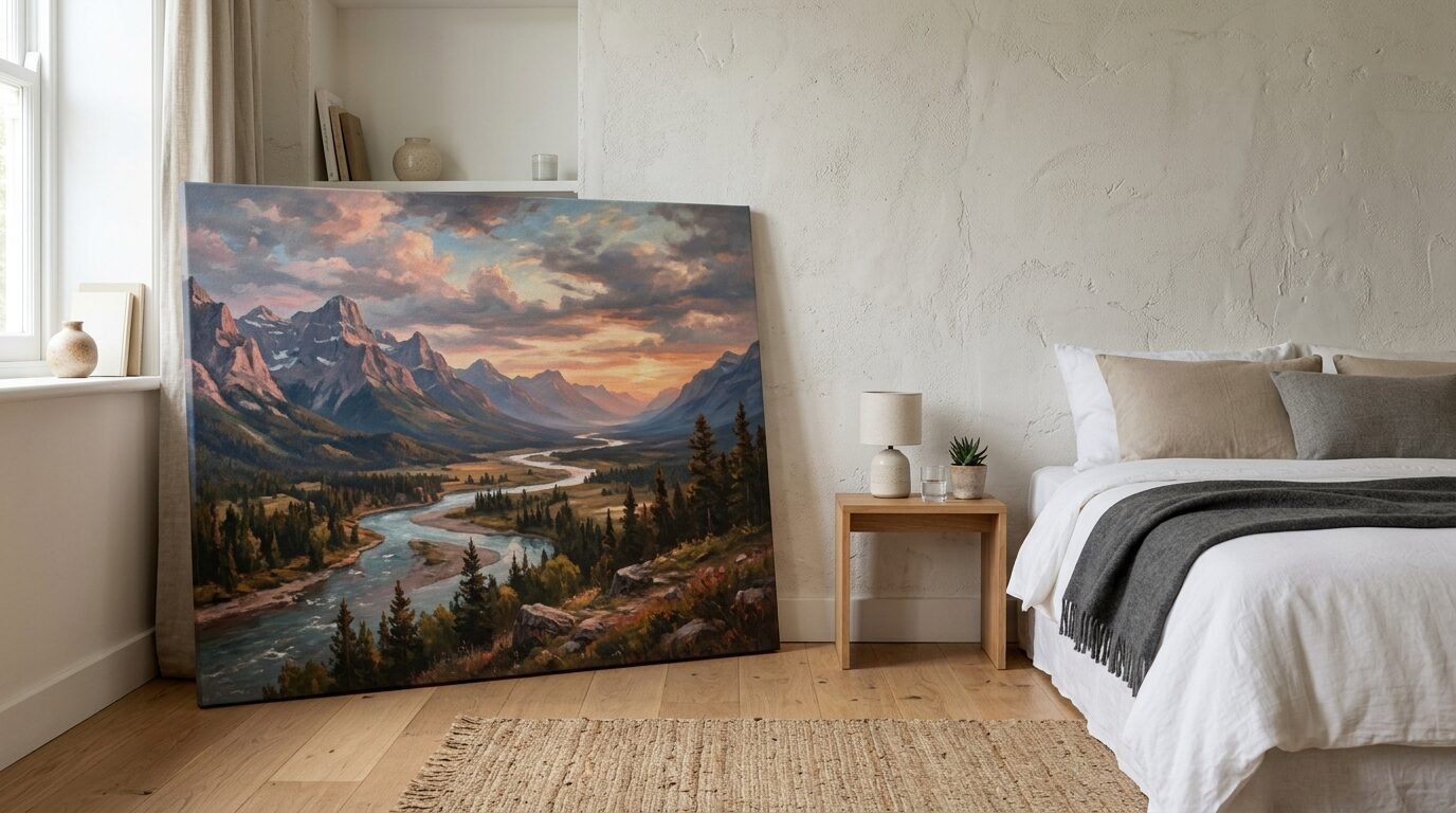 A massive mountain valley painting leaning against a white textured wall in a minimalist bedroom setting.