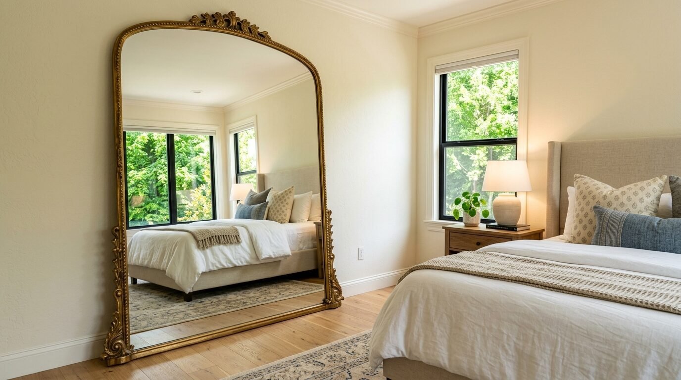 A tall arched gold-framed floor mirror stands in a bright bedroom, reflecting a bed and window.