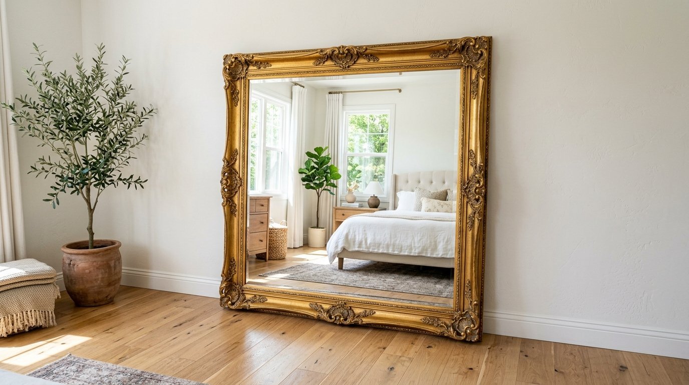 Large rectangular gold vintage-style floor mirror leaning against a white wall next to a potted olive tree.