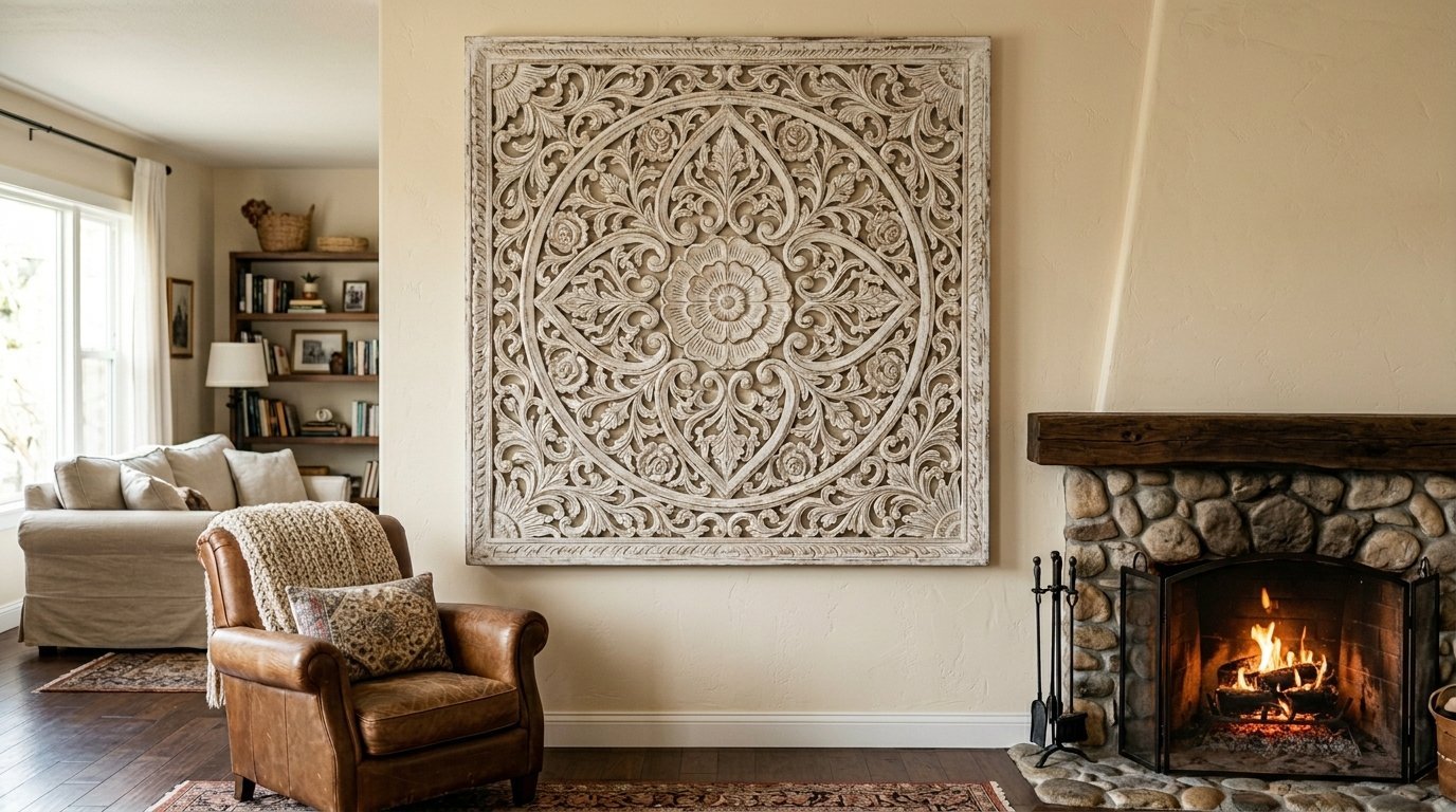 A detailed white wooden floral relief panel mounted on a beige wall next to a stone fireplace.