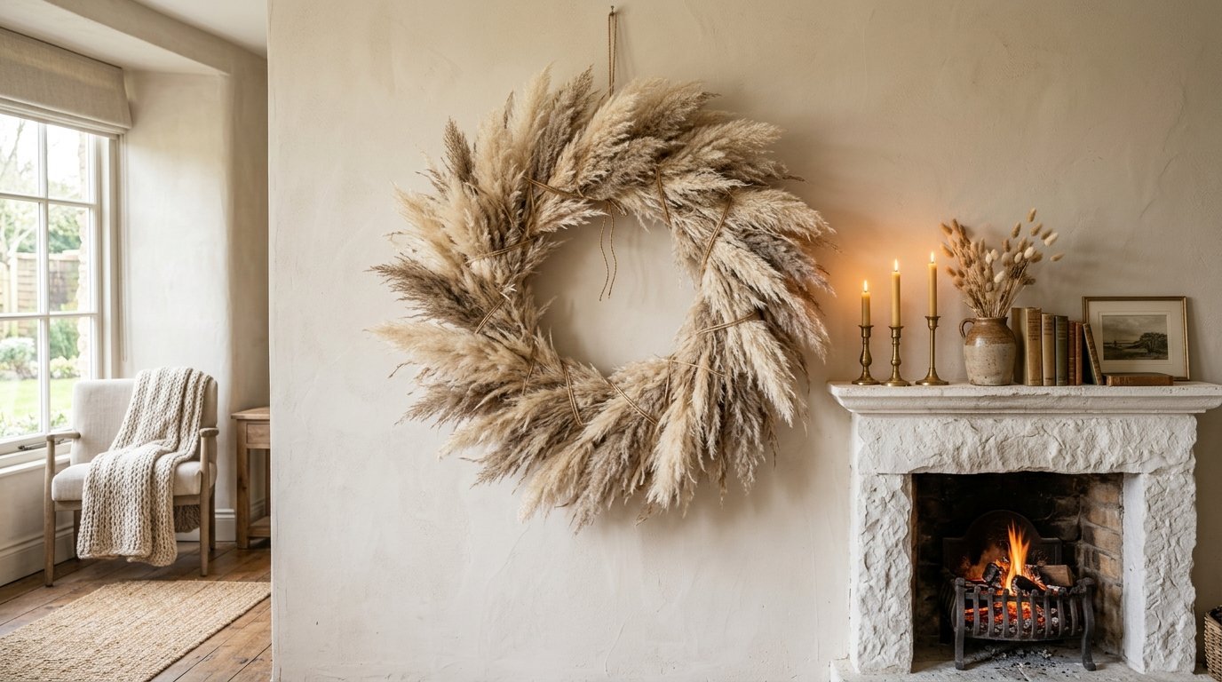 Decorative circular pampas grass wreath mounted on a beige wall next to a stone fireplace with lit candles.