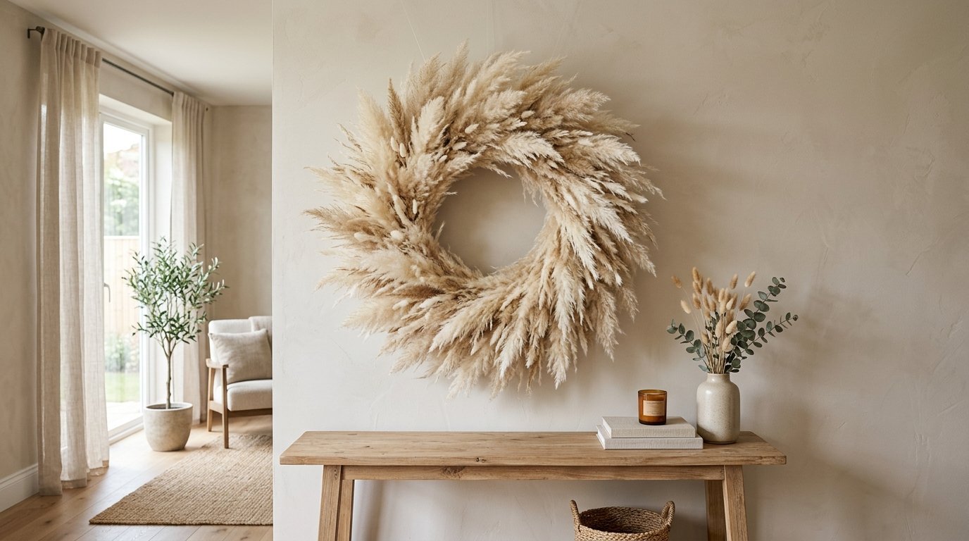 A fluffy pampas grass wreath hangs on a light wall above a wooden console table with eucalyptus and a candle.