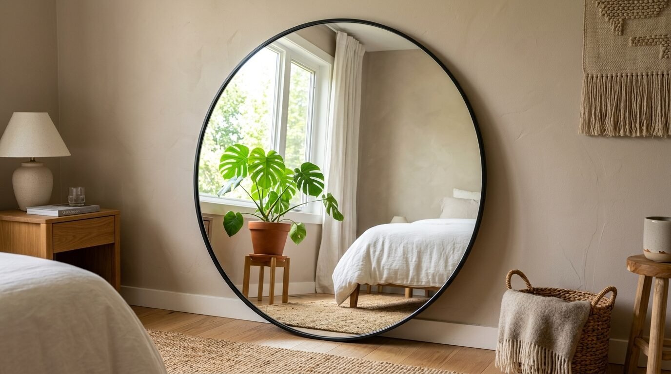 A big circular mirror with a black frame reflecting a potted monstera plant and a bed in a neutral room.