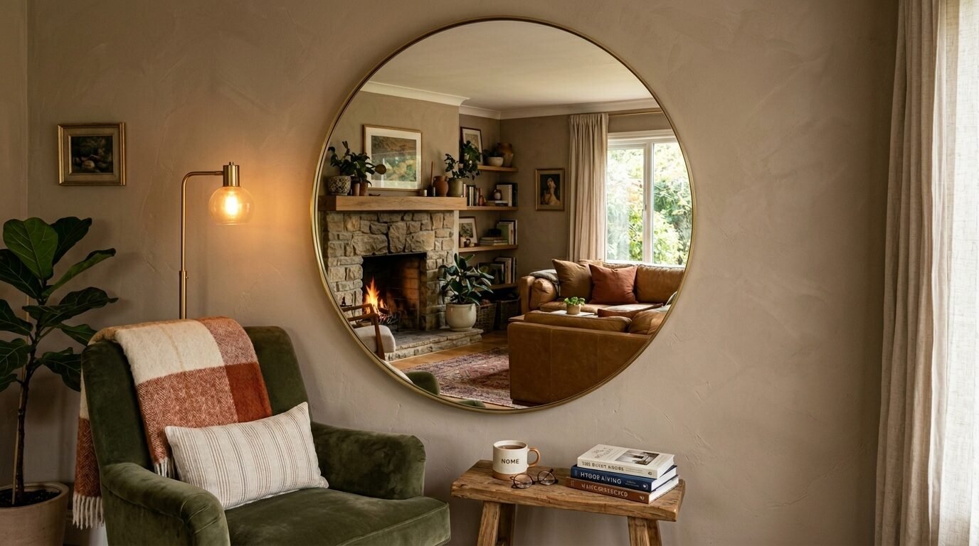 A large round gold mirror on a beige wall reflects a living room with a fireplace, leather sofa, and bookshelves.