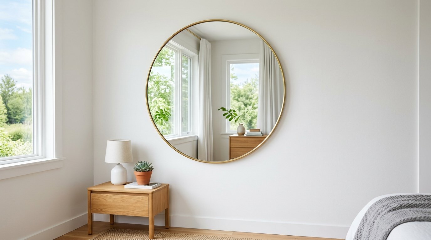 A circular gold-framed mirror mounted on a white wall above a wooden side table with a lamp and succulent.
