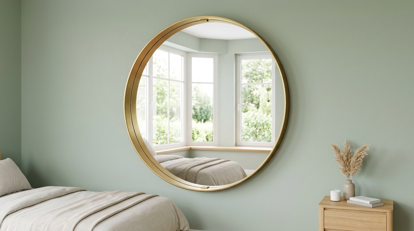 Round gold mirror on light green wall reflecting a sunny bedroom with window view
