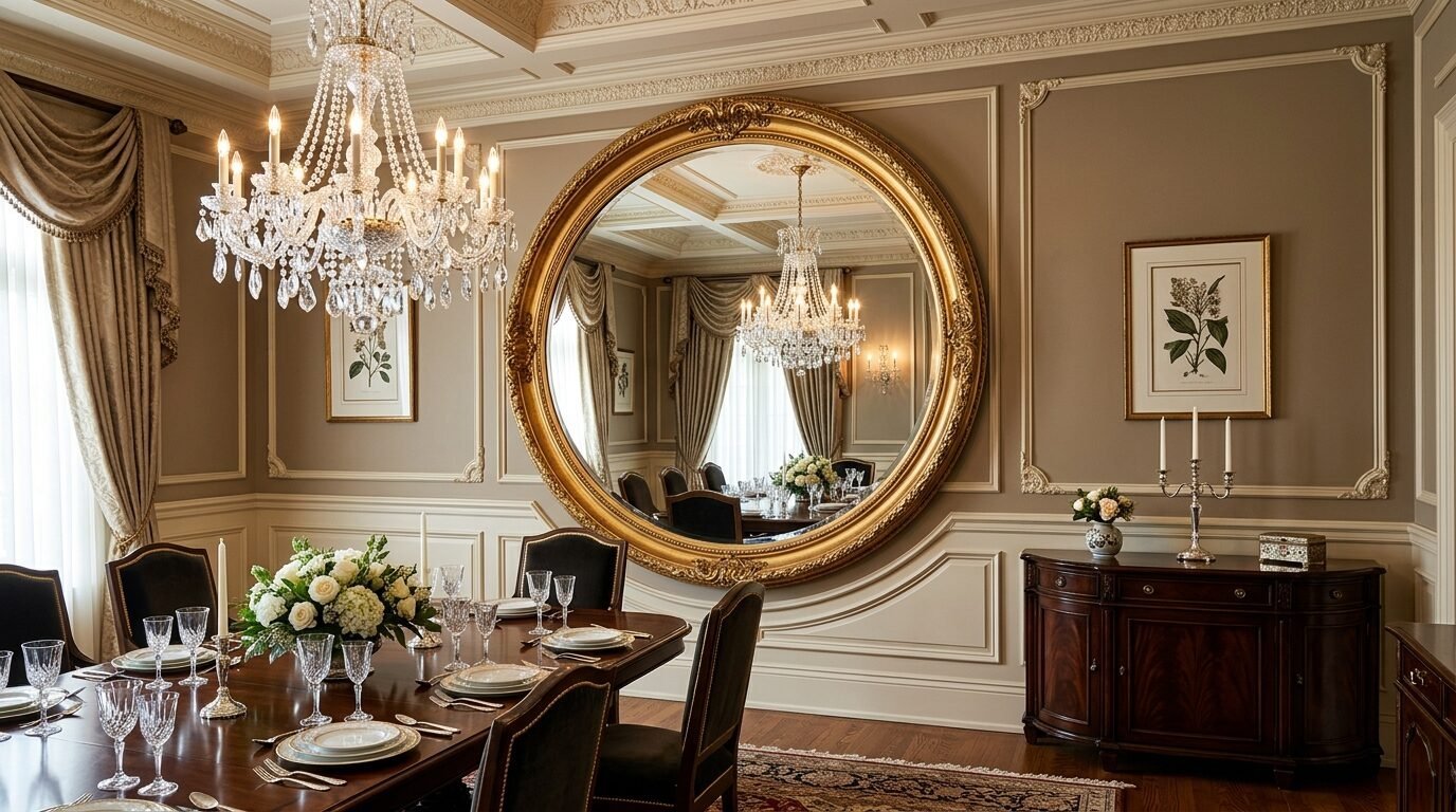 A large round gold mirror hanging on a beige wall in a formal dining room with a crystal chandelier.